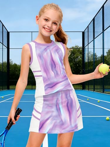 Image of AOBUTE Girls Tennis Golf Outfit Tank Top and Skirt with Shorts Set 4-12 Years