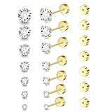 7 Pairs 20G Flat Back Stud Earrings for Women Men Hypoallergenic 14K Gold Plated Surgical Steel Stack Cartilage Earrings for Multiple Piercing Sensitive Ears Bonus Plum Blossom FlatBack Studs CZ 2-8mm