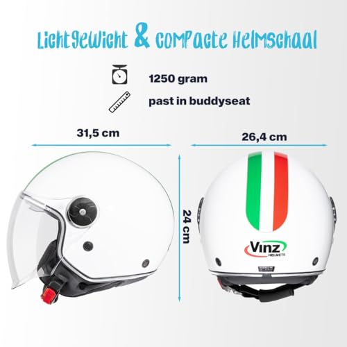 VINZ Neiva Jethelm mit Doppelvisier | Roller Helm mit Italienische Flagge & mit Sonnenblende | In Gr. XS-XXL | ECE 22.06 Zertifiziert | Motorradhelm mit Visier | Viele Farben Erhältlich - Weiß
