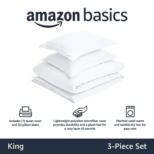 Amazon Basics DS19-K-PRNSN Lightweight Microfiber 3 Piece Duvet Cover Set With Zipper Closure, King, Bright White, Solid thumb #1