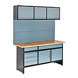 BiGDUG Garage Workstation with Tool Panel, Drawer and Cabinet Storage - Heavy Duty Workbench - Black and Grey - 1700W x 600D mm