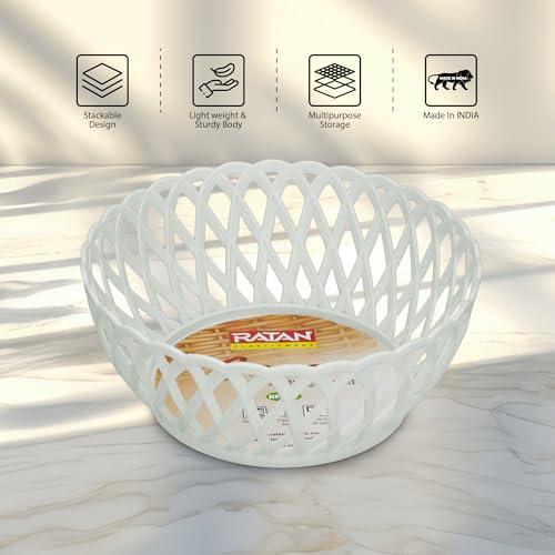 Image of RATAN PLASTICWARE Cane Large Plastic Storage Basket for Fruits, Vegetables & Snacks - Decorative Woven Design for Kitchen, Dining Table & Home Use I Pack of 6 - off white