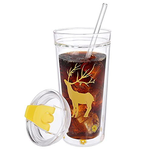 Poazmron Bouteille d'eau - Gobelet isotherme à double paroi avec paille en verre et couvercle en silicone anti-fuite, tasse de voyage pour la maison, le bureau, le camping de 355 ml Cover