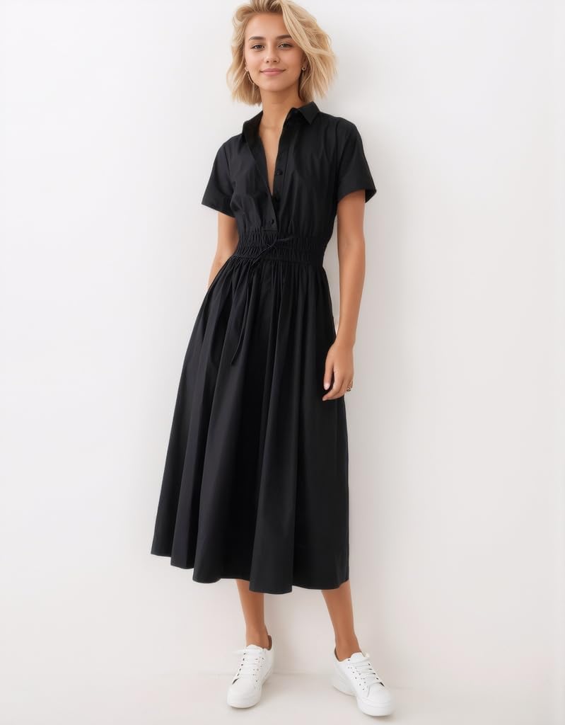 Ladyful Women Casual Button Down Short Sleeve Shirt Dress Tie Waist Midi Shirt Dress Elegant Business Party - Image 4