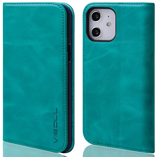 VISOUL Hülle für iPhone 12 Pro, iPhone 12 Handyhülle [100% Echtleder] [Lifetime Garantie] [RFID Schutz] [Kartenfach] [Magnet], TPU Stoßfeste Klapphülle Schutz für iPhone 12/12 Pro 5G 6,1 Saphirblau Cover