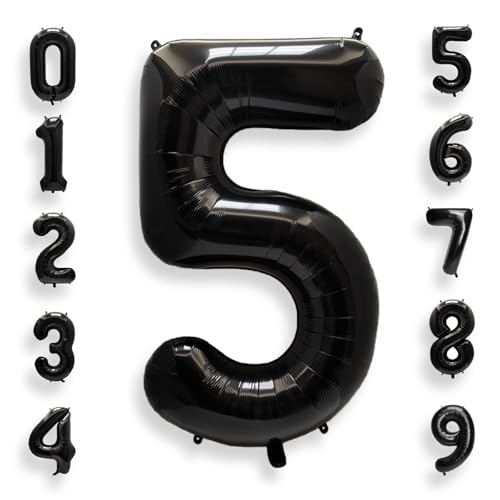 Image of AULE 40 Inch Big Black 5 Balloon Number Large Foil Helium Number Balloons 0-9 Jumbo Giant Happy 5th Birthday Party Decorations for Boy or Girl Huge Mylar Anniversary Party Supplies