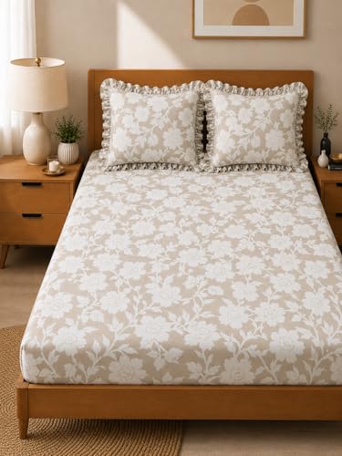 Image of 380 TC Premium Glace Cotton Elastic Fitted Bedsheet King Size with 2 Pillow Covers King Size | Double Bed with All Around Elastic (Gray Floral, Fitted - Double72x72)