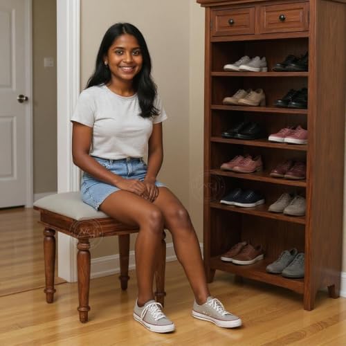 Image of NSH Sheesham Wood Square Top Seating Stool with Cushion | Elegant & Premium Handcrafted Side Table | Multipurpose Footrest, Portable Stool for Living, Bedroom & Lounge | Teak Finish, 1 Wooden Stool