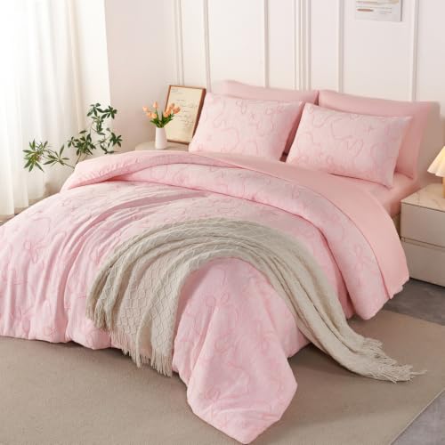 Image of PERFEMET Girls Bedding Set Full Size - 5 Pieces Pink Bow Comforter Set Full Bed in a Bag with Sheets, Soft All Season Embossed Bowknot Jacquard Bedding Comforter Set Cute Bedroom Decor