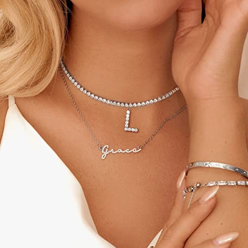 Letter Necklace 14k Gold Plated Tennis Chain Initial Choker Bling Iced CZ Diamond Necklace for Women3