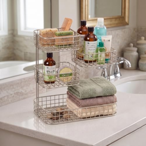 Image of 4 Tier Fruit Basket for Kitchen | Space Saving Decorative Kitchen Organizer | Multi-Layer Dining Table Organizer for Fruits, Snacks & Jars - Silver