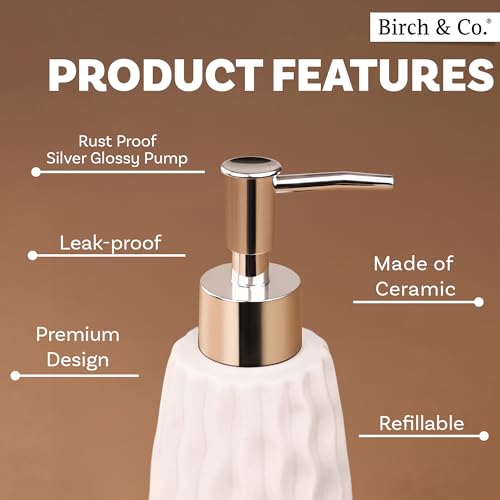 Image of Birch & Co. Ceramic Soap Dispenser For Wash Basin - Handwash Dispenser Bottle - Leak-Proof Design With Silver Glossy BPA-Free Pump, Velo, White,Soapdispenser Velo White