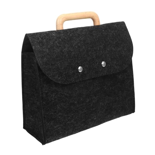 QUMIIRITY 深灰色フェルト書類バッグ 木製ハンドル付きビジネス収納トート 大容量ファイルオーガナイザー 手提げ式オフィス用収納ケース