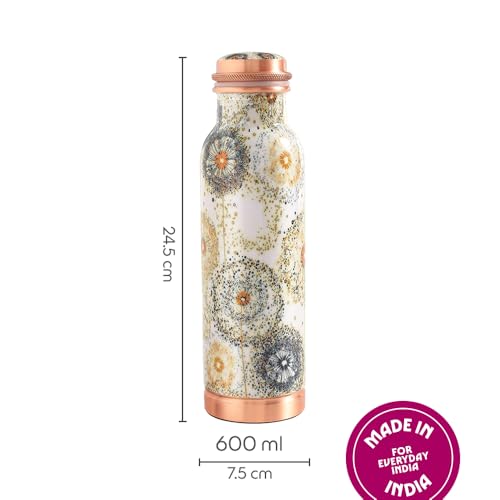 Image of Borosil 600 ml Thirtha Series Vesta Design Copper Bottle | 100% Pure Copper, BPA Free & Leakproof with Anti-Oxidant Properties of Copper | Printed Designer Bottle for Home, School & Office