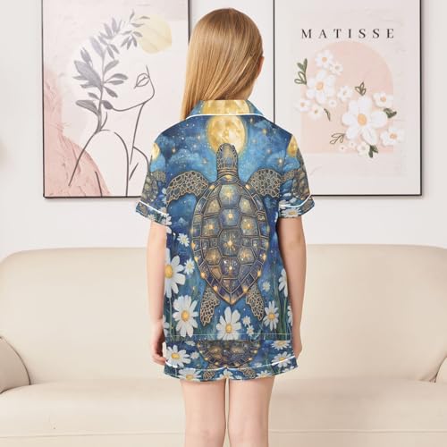 ALAZA Sea Turtle Daisy Flower Blossom Satin Pajamas Set Short Sleeve Button Down Sleepwear Summer Pjs 2 Piece4