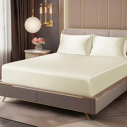 BEDELITE Satin Fitted Sheet and Pillowcases Set, Luxury Soft Similar to Silk Bottom Bedsheet with Elastic Corner Straps, Deep Pocket up to 15 Inch, 1 Fitted Sheet and 2 Pillowcases(Queen, Beige)