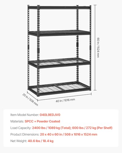 Image of VEVOR Storage Shelves, 2400 lbs, 4 Tier Heavy Duty Garage Shelving, 20 inch D x 40 inch W x 60 inch H Adjustable Metal Shelves for Industrial Shelving Unit Utility Shelf, for Kitchen, Warehouse, Basement, Black