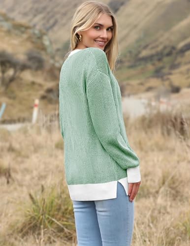 Image of Zeagoo Women 2026 Fall Lightweight Oversized Sweater Crew Neck Long Sleeve Color Block Pullover Rib Knit Blouse Tops XS-2XL