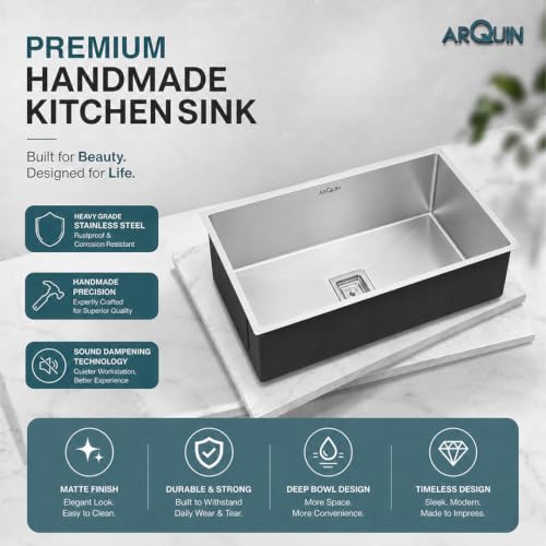 Image of ARQUIN Kitchen Sink 30x18x10 Inch Handmade Single Bowl Matt Finish Kitchen Sink 304 Grade Stainless Steel Kitchen Sinks|Sink For Kitchen Basin Square Drainer and Adjustable Fruit Basket