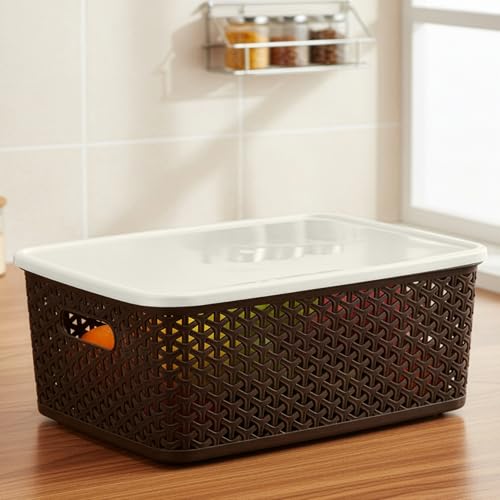 Image of Kuber Industries 3 Pcs Plastic Large Solitaire Storage Basket with Lid & Handle | Multipurpose Storage Rectangular Box for Cloths Toys & Books | H5 - Brown & White