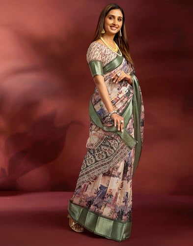 Image of SIRIL Women's Dola Silk Printed Jacquard Border Ready To Wear Saree with Unstitched Blouse Piece