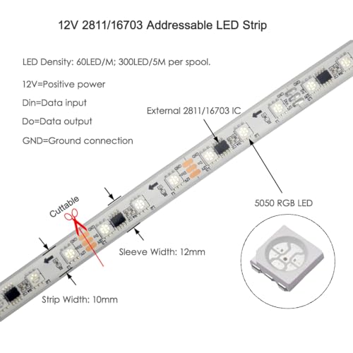 Image of 12V 2811 Pixel Programmable LED Strip Light, Fancy Dream Color, 5M /16Feet 300LED, Without Power Supply (IP68 Silicone Filled)