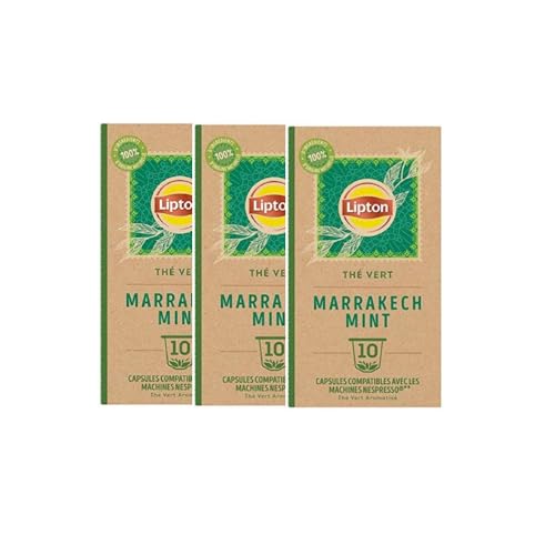 Lipton Thé Vert Marrakech Mint, 30 Capsules Compatibles Nespresso, Antioxydant et Parfumé, Menthe Fraîche et Délicate, Label Rainforest Alliance, 3x10 Capsules