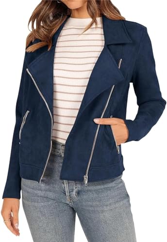 ASKSA Women's Faux Suede Biker Moto Jacket Fashion Long Sleeve Zipper Short Casual Coats with Pockets (Navy Blue,L)
