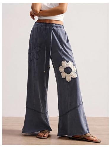 Women's Floral Patchwork Pants Wide Leg Baggy Pants Drawstring Waist Long Trousers with Pockets4