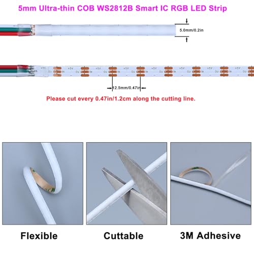 TOPAI 5V COB WS2812B LED Strip 5mm Ultra Thin 5M RGB Smart IC Individually Addressable 160LEDs/M, Flexible LED Tape Adhesive Cuttable for TV Backlighting, Room, PC Lighting - Image 4