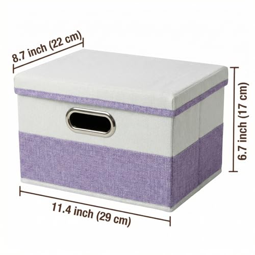 Image of PRANDOM Storage Bins with Lids [3-Pack] Linen Fabric Foldable Storage Boxes Organizer Containers Baskets Cube with Cover for Bedroom Closet Office Purple&White（11.4X8.6X6.7
