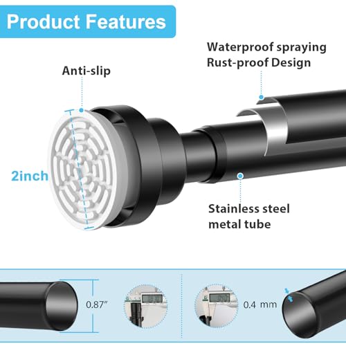 Image of Tension Curtain Rod 30 To 49 Inch Black Tension Rods Adjustable Spring Loaded Curtain Rods 7 /8 inch Curtains Rods No Drilling Tension Rods For Windows Bedroom Closet Doorway Door 2pcs