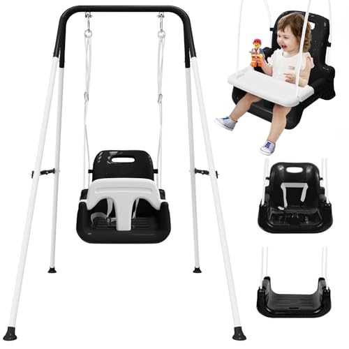 Image of Upgraded Toddler Swing with Tray, Baby Swing Outdoor with Detachable Design, Safety Belt, Foldable Frame for Outdoor & Indoor Use