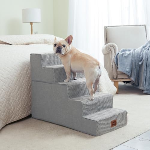 Image of EHEYCIGA Dog Stairs for High Bed 22.5 inch H, 5-Step Dog Steps for Bed, Pet Steps for Small Dogs and Cats, Non-Slip Balanced Pet Ramp Indoor, Light Grey