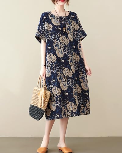 Image of LUZU JUNU Women's Summer Baggy Plus Size Loose Cotton Linen Long Boho Beach Dress with Pockets