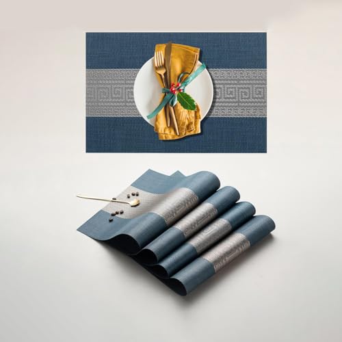 Image of YELONA Placemats Set of 4, Heat-Resistant Woven Vinyl Table Mats, Non-Slip & Washable Dining Tablemats for Kitchen & Dinner Decor, Midnight Blue (45cm x 30cm)
