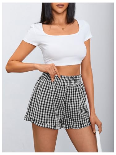 Image of MakeMeChic Women's Gingham Ruffle Lounge Shorts Elastic High Waist Pajamas Boxer Shorts