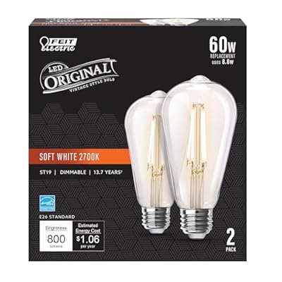 Feit Electric ST19 Vintage Edison LED Light Bulb, 60W Equivalent, Dimmable, 2700K Soft White, 800 Lumens, E26 Base, Retro Filament Light Bulbs, 15,000-Hour Lifetime, ST1960/CL/927CA/2, 2 Pack