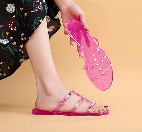 Image of Women Flats Sandals, Studded Jelly Shoes Size 9 Red Dressy Summer Beach Rivets Strappy Jellies Slide Slip On Open Toes