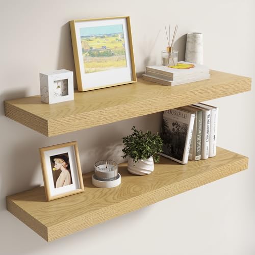 Image of Dreamland 36 Inch Floating Shelves for Wall,8 Inch Deep Floating Shelves,36 inch W x 8 inch D Wall Shelves for Bedroom,Living Room,Kitchen,Bathroom,Oak Color,Set of 2