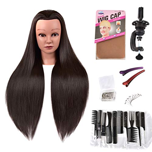 AMYGIRL Mannequin Head with Hair, Cosmetology Mannequin Head Synthetic Fiber Hair for Braiding, Doll Head for Hair Styling with Stand and Practice Tools (26