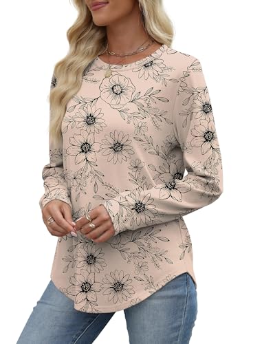 Image of WIHOLL Sweatshirt for Women Crewneck Long Sleeve Shirts Curved Hem Lightweight Sweaters Fall Clothes 2025