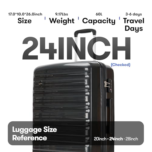 24 Inch Luggage, Hardside Suitcase with Spinner Wheels, Lightweight Hard Shell Checked Luggage, TSA Approved Lock, Black2