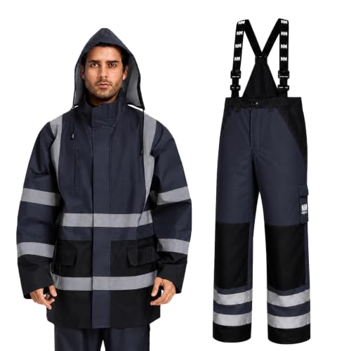 Image of 3-Piece Hi-Vis Rain Suit, Safety Jacket with Hood & Bib Overalls
