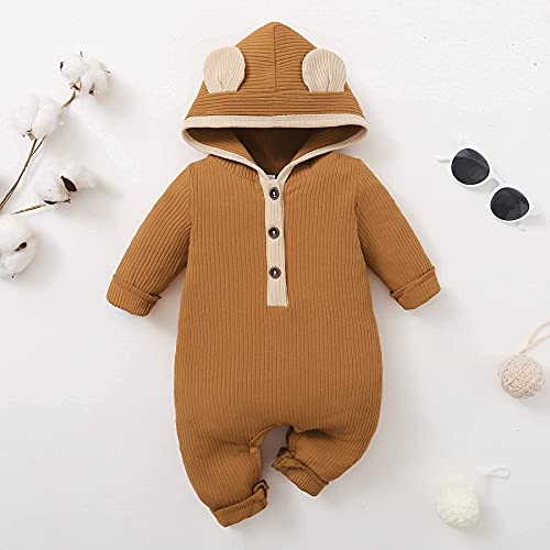 Disaur Baby Girl Boy Clothes Newborn Outfit,Infant Baby Romper Cute Bear Ear Hooded Cotton Jumpsuit Long Sleeve Bodysuit 3-6M Brown #TOP6
