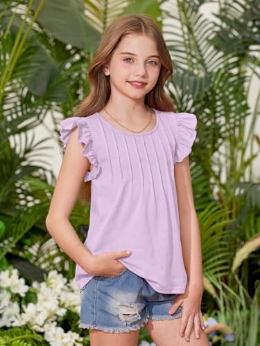 Girls Summer Pleated Front Shirts Flutter Sleeve Crew Neck Shirred Solid Casual Loose Fit Tops 6-14 Years3