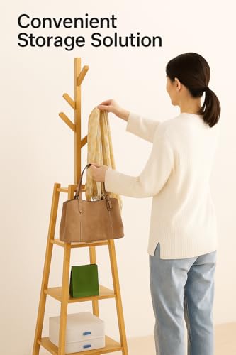 Image of Lukzer Wooden Bamboo Clothes Rack with 6 Hooks & 3-Tier Shelf | Freestanding Coat & Hat Stand | Multipurpose Garment Organizer for Entryway, Bedroom, Living Room, Hallway & Office (171x30cm)