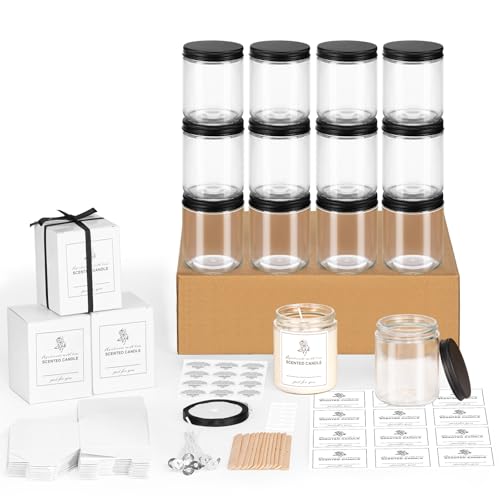 12 Pack 8OZ Glass Jars with Metal Lids Candle Jars with Candle Making Kits Labels Gift Box Empty Canning Jars for Food Storage Spice Liquid