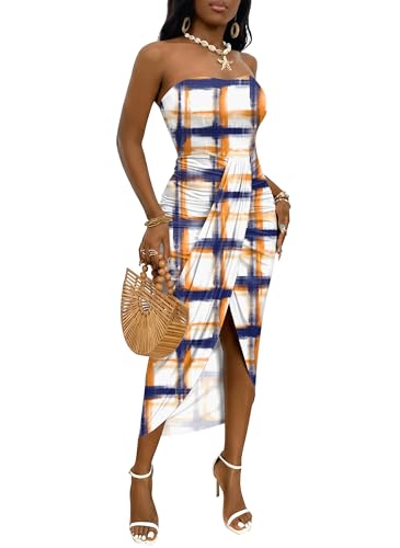 Image of Umenlele Women's Strapless Ruched High Waist Wrap Split Asymmetrical Beach Maxi Long Dress