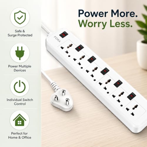 Image of Fora Extension Board with 4 Meter Power Cord | 5 Amp Multi-Socket Extension Board with Surge Protection & Individual Switches | Power Strip for Home, Office, Laptop, PC, Mobile Chargers & Appliances
